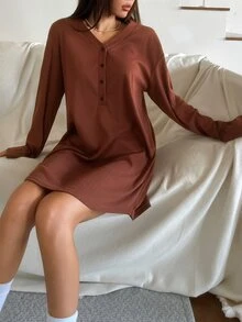DAZY Women's Solid Color Button Half-Placket Long Sleeve Loungewear Dress - Coffee Brown - View 4
