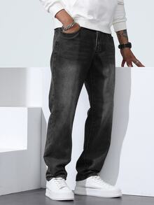 Manfinity Homme Men's Plus Size Vintage Washed Black & Grey Denim Jeans, Versatile Slim Straight Leg Long Pants - Grey - View 7
