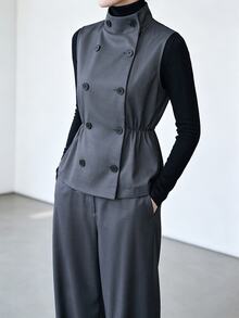 Lumivelle Old Money Style Stand Collar Double-Breasted Waist-Cinching Vest & Wide-Leg Pants 2 Pieces Set For Women, Elegant Outfit - Dark Grey - View 5