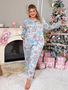 Slumberry CURVE Striped Bow Print Sweet Ins Knit Long Sleeve Plus Size Pajama Set - Purple - View 3