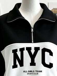Collagica Collagica Loose Split Zip-Up HoodieWhite Black Color Block NYC Hoodie Back To School Pullover Sweatshirt - Multicolor - View 4