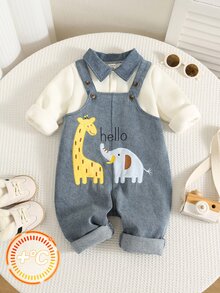 SHEIN 2pcs Baby Boy Autumn/Winter Casual Turn-Down Collar Sweatshirt And Cute Denim Overalls Set, Sweatshirt Set, Denim Set, Overalls Set, Cute Set, Infant Set - Multicolor - View 4