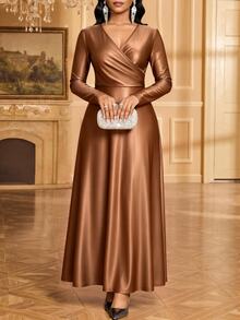 SHEIN Lady Women's Long Sleeve Overlap Design Solid Color Elegant Party Dress - Coffee Brown - View 3