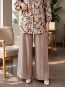 SHEIN Lady CURVE Plus Size Women's Botanical Print Long Sleeve Shirt And Pants Casual 2 Pieces Set - Beige - View 10