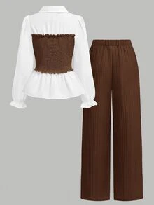 SHEIN Girlism 青少年女孩純色拼接長袖休閒上衣與長褲兩件套，適合春、秋、冬，休閒且優雅 - 棕色 - 查看 2