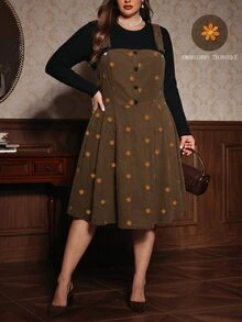 Auvina Set Atasan Lengan Panjang Warna Polos dan Gaun Suspender untuk Wanita Ukuran Besar - Coklat - View 3