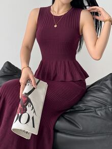 Modelyn Setelan Dua Potong Wanita Musim Gugur/Dingin Elegan, Atasan Tanpa Lengan dengan Hiasan Rumbai di Bagian Bawah dan Rok Model Duyung - Berwarna merah muda - View 3