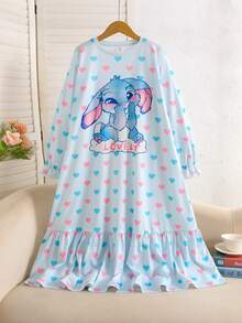 SHEIN Tween Girl 秋季/冬季休閒甜美蝴蝶結愛心卡通兔子印花寬鬆長版連帽套頭睡袍居家服淺藍色 - 淺藍色 - 查看 3