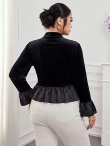 Modelyn Women's Autumn/Winter New Long Sleeve Ruffle Satin Velvet Colorblock Elegant Pearl Small Round Neck Slimming Versatile Plus Size Blouse For Party And Gathering - Black - View 2