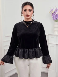 Modelyn Women's Autumn/Winter New Long Sleeve Ruffle Satin Velvet Colorblock Elegant Pearl Small Round Neck Slimming Versatile Plus Size Blouse For Party And Gathering - Black - View 6