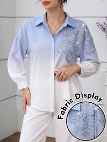 Modelyn Women's Autumn/Winter Gradient Color Collared Long Sleeve Blouse With Heavy Beaded Floral Embroidery, Loose Fit, Dropped Shoulder Lantern Sleeves - Multicolor - View 3