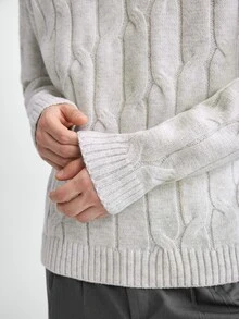 Manfinity CasualKnits 男士圓領懶人長袖套頭毛衣，休閒針織秋冬服飾，秋冬麻灰色寬鬆百搭3D圖案長袖套頭毛衣 - 淺灰色 - 查看 7