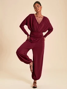 Travachic Women's Solid Color V-Neck Pleated Elegant Long Sleeve Jumpsuit - Red - View 7