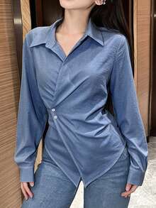 SHEIN LUNE 女款素色長袖裹身式襯衫，春秋女式上衣 - 藍色 - 查看 4
