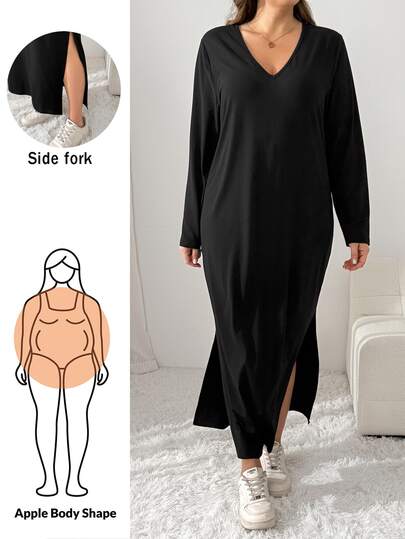 Shapeblank Women's Plus-Size Black Long Dress – Stylish, Casual, Loose-Fit, Stretchy & Comfortable – V-Neck, Long Sleeves, Side Slit – Suitable For Autumn Dress