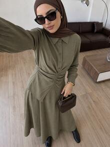 Solavon Women's Solid Color Pleated Long Sleeve Top And Skirt Casual 2 Pieces Set - Army Green - View 2