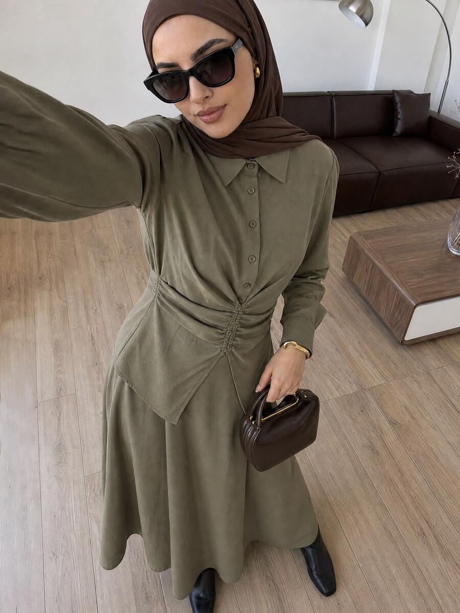 Solavon Women's Solid Color Pleated Long Sleeve Top And Skirt Casual Modest Elegant 2 Pieces Set Office Olive Green Autumn - Army Green - View 1