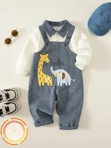 SHEIN 2pcs Baby Boy Autumn/Winter Casual Turn-Down Collar Sweatshirt And Cute Denim Overalls Set, Sweatshirt Set, Denim Set, Overalls Set, Cute Set, Infant Set - Multicolor - View 3