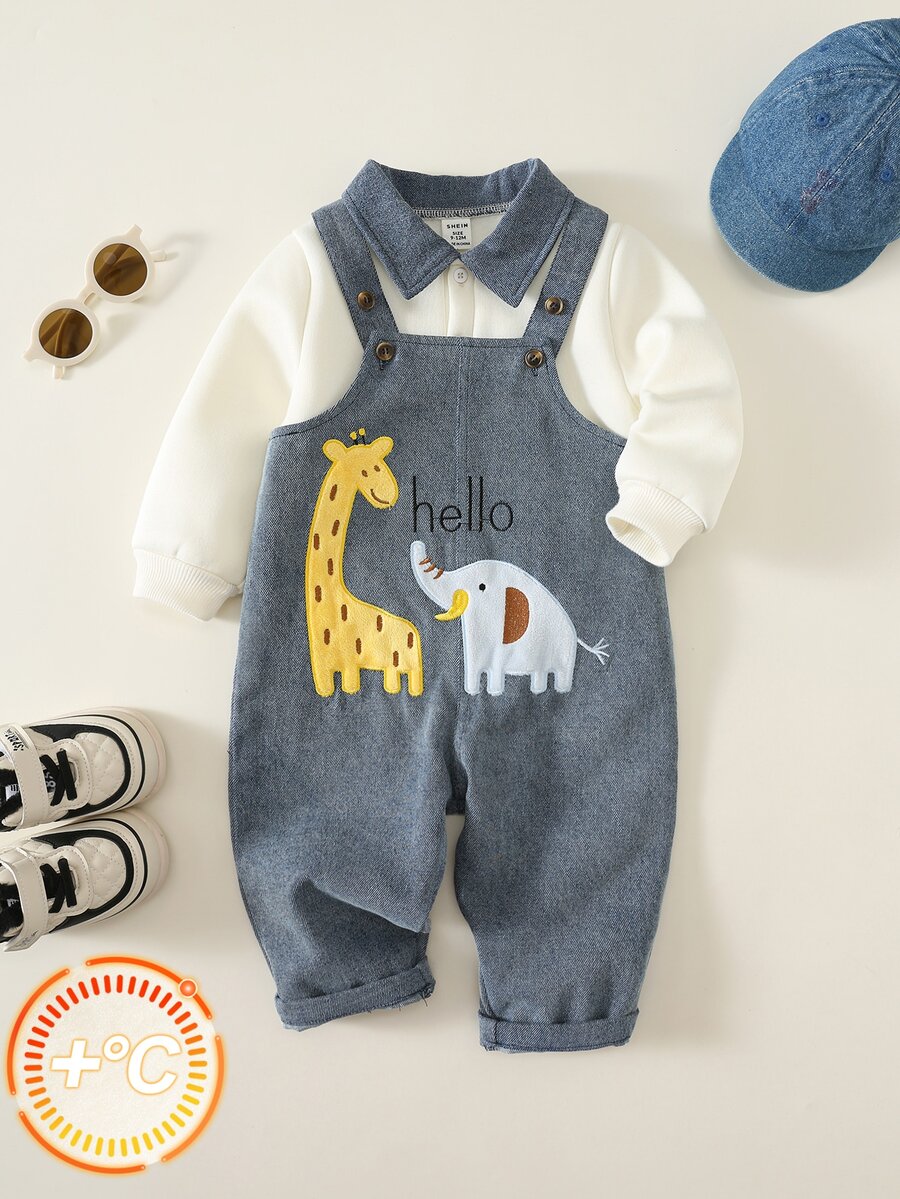 SHEIN 2pcs Baby Boy Autumn/Winter Casual Turn-Down Collar Sweatshirt And Cute Denim Overalls Set, Sweatshirt Set, Denim Set, Overalls Set, Cute Set, Infant Set - Multicolor - View 1