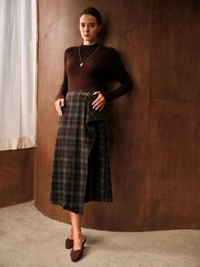MOTF PREMIUM WOMEN'S COMMUTER ASYMMETRIC PLAID SKIRT - Coffee Brown - View 6