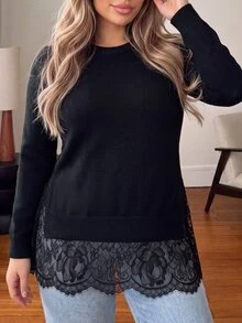 Vionelle Plus Size Women's Solid Color Minimalist Pullover Knit Sweater, Side Slit Lace Patchwork Hem Long Sleeve Lazy Sweater Winter - Black - View 5