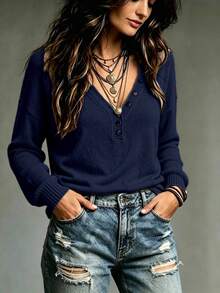 SHEIN Sweater Wanita Fashion Kerah V Lengan Panjang dengan Dekorasi Gesper Logam - Royal Blue - View 3
