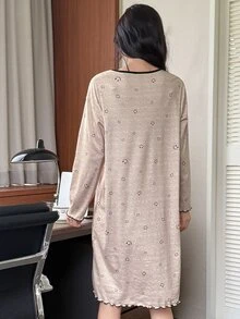 DAZY Women's Colorblock Denim Casual Daily Home Long Sleeve Nightgown - Khaki - View 2