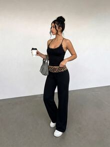 Aloruh 女款初秋性感休閒拼色包邊豹紋背心 + 長褲，Y2K豹紋兩件套 - 黑色 - 查看 3