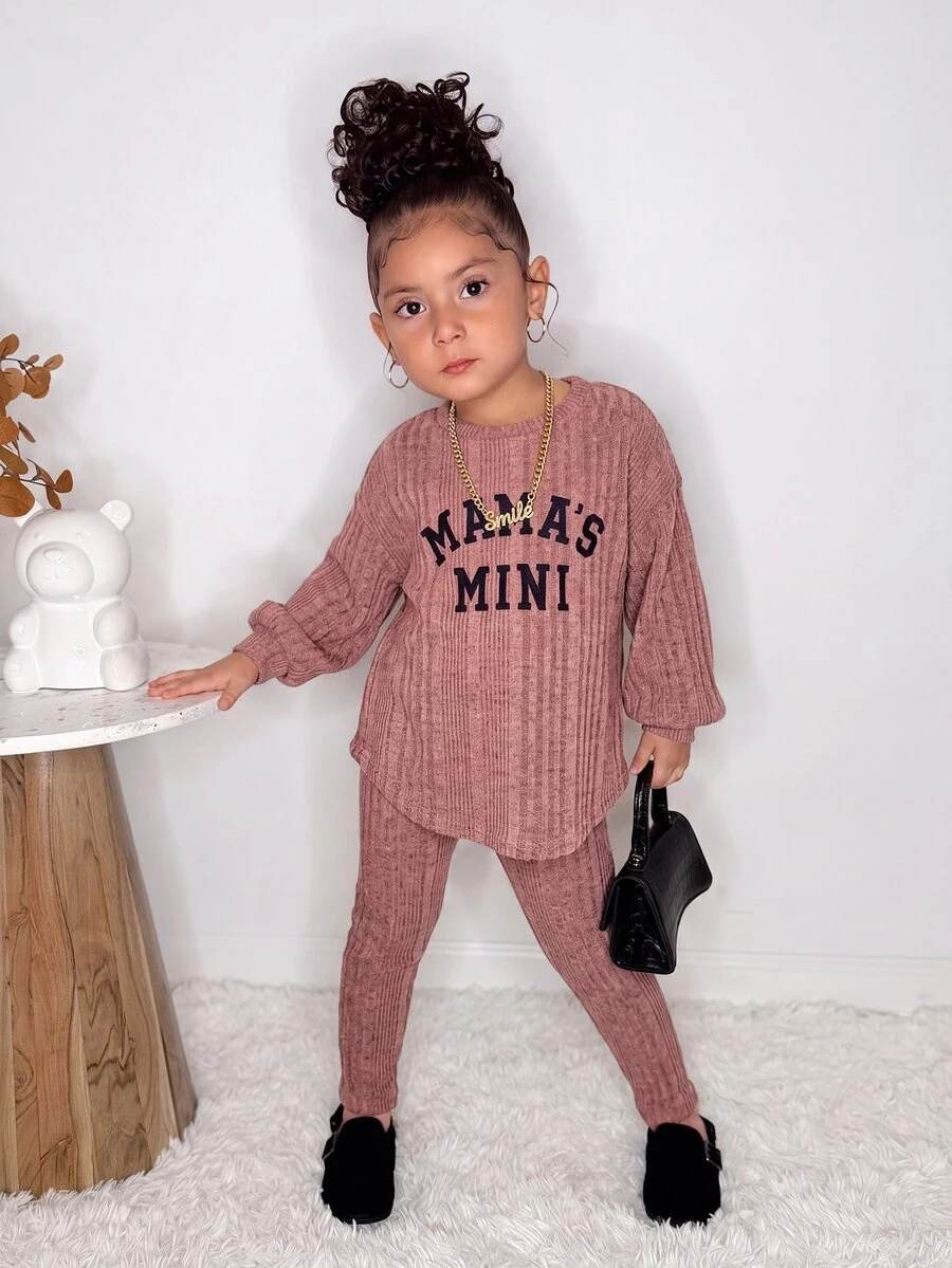 Young Girl Solid Color Letter Print Long Sleeve T-Shirt And Pants Set - Pink - View 1