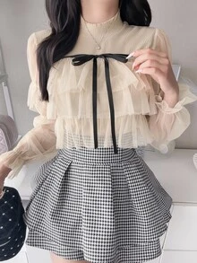 FRIFUL Women's Front Tie Patchwork Multi-Layer Mesh Ruffle Long Sleeve Top - Apricot - View 2
