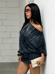 Jeanoix Y2K Street Style Snake Texture Flocked Tie-Dye Asymmetrical Shoulder Mini Dress - Multicolor - View 3