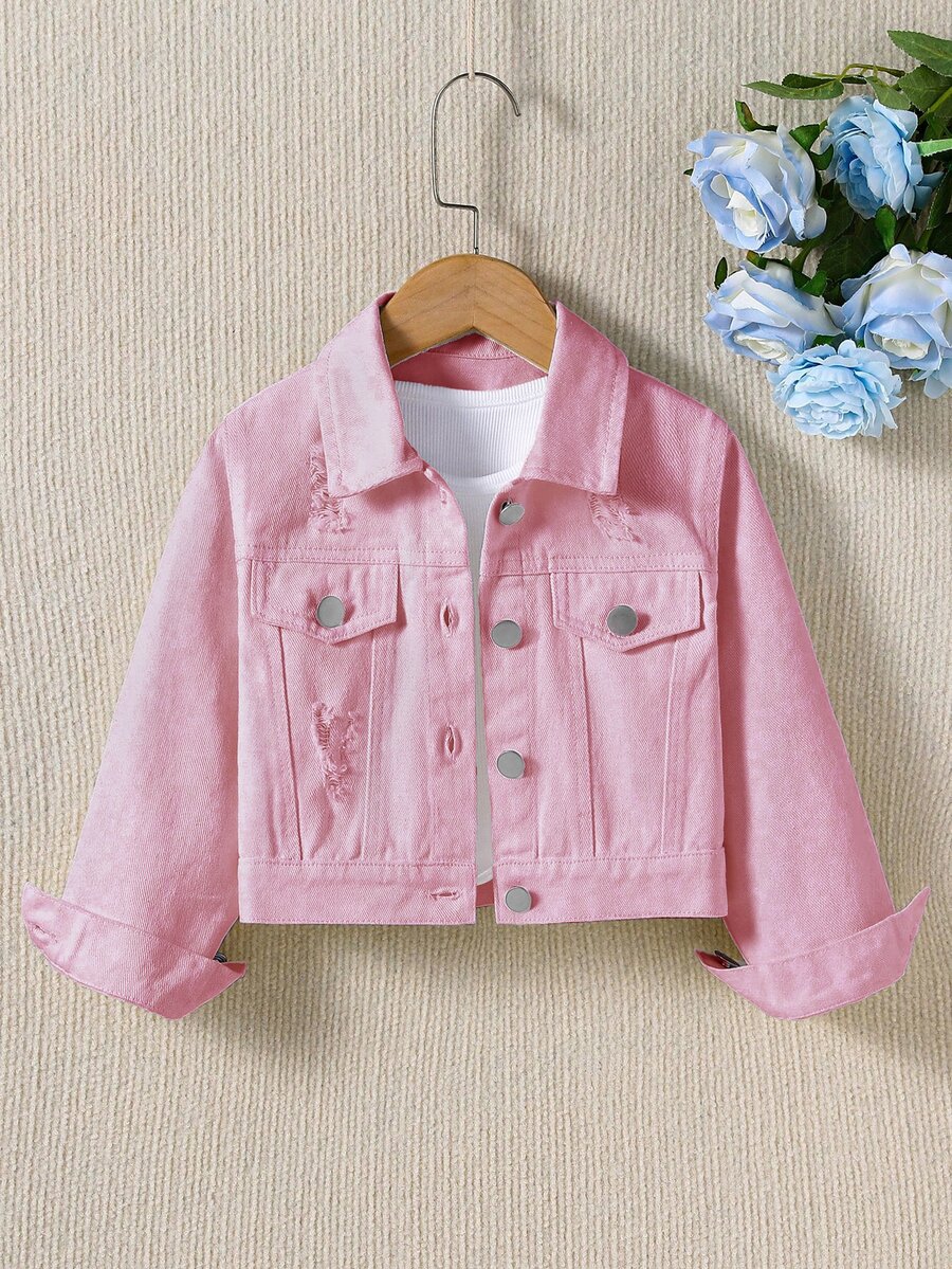 SHEIN Jaket Denim Anak Perempuan Warna Polos dengan Kerah Kemeja Berkancing dan Lengan Manset - Berwarna merah muda - View 1