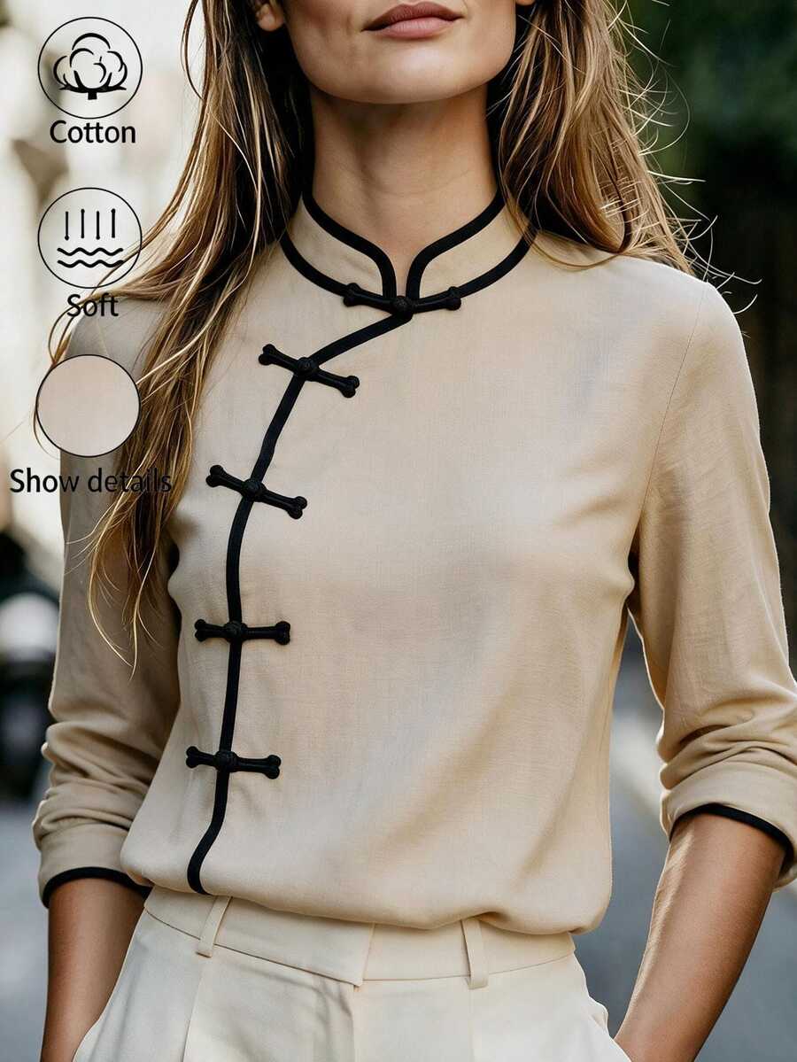 Balvessa Women's Casual New Chinese Style Frog Button Design Contrast Trim Long Sleeve Shirt - Khaki - View 1