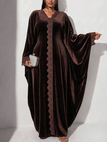 Veilorie Plus Size Women's Contrast Lace V-Neck Batwing Sleeve Elegant Dress - Brown - View 5