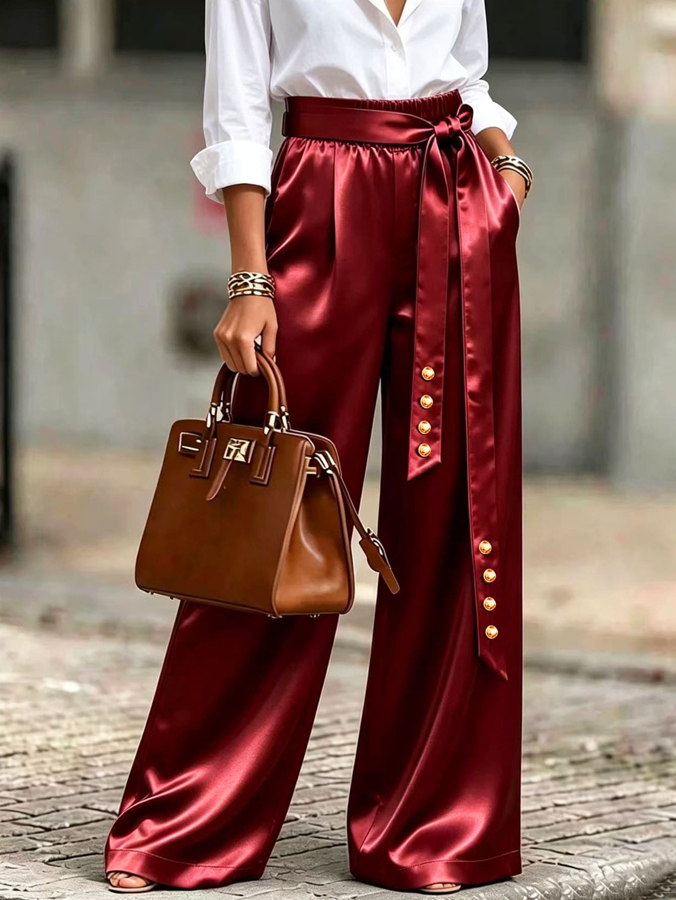 RosyDaze Women Solid Color Casual Versatile Daily Wear Long Pants - Red - View 1