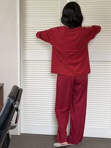 DAZY Women's Striped Long Sleeve Top And Pants Casual Daily Home Sleepwear Set - Red - View 2