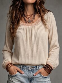 Glimmora New Women's Fashion Casual Versatile Raglan Sleeve Ribbed Lace Patchwork Long Lantern Sleeve T-Shirt - Multicolor - View 1