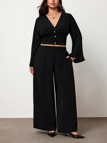 Truni Plus-Size Women's Elegant V-Neck Fitted Top And Trousers SetPear Body,Triangle Body - Black - View 5