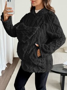 SHEIN Maternity Plush Comfortable Pocket Hooded 3-In-1 Jacket - Black - View 4