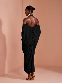 JIAN LASALA Black Chiffon Bat Sleeve Off Shoulder Halter Neck Long Dress - Black - View 2