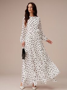 BELROSIE European And American Style Autumn/Winter New Fashion Versatile Chiffon Polka Dot Watermark Multi-Layer Ruffle Hem 3D Floral Decor Women's Dress - Multicolor - View 3