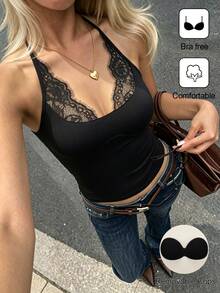 Cévolie Women's French Style Daily Best-Selling Tank Top With Built-In Cups, Solid Color Collar With Lace Design, Knitted Tank Top, Padded Tank Top, Autumn/Winter Tank Top - Black - View 1