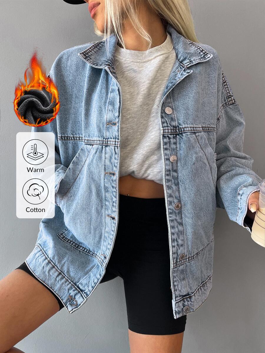 SHEIN جاكيت جينز بتأثير دافئ بأسلوب كاجوال بقصة عادية مع جيوب ذات طيات وأزرار على الأمام - أزرق فاتح - مشاهدة 1