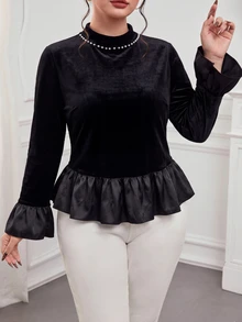 Modelyn Women's Autumn/Winter New Long Sleeve Ruffle Satin Velvet Colorblock Elegant Pearl Small Round Neck Slimming Versatile Plus Size Blouse For Party And Gathering - Black - View 7