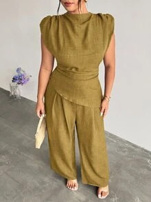 Firerie 大尺碼女款純色不對稱下擺襯衫與寬腿褲休閒兩件套 - 金色 - 查看 6