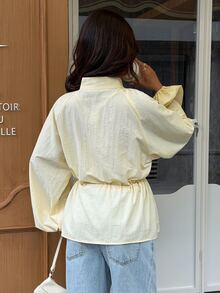Siren Gaze Women's Fall/Winter Jacket: Solid Color Stand Collar Style With Drawstring Waist And Chinese Frog Buttons Work Outfits For Women (Regular Fit) - Apricot - View 2