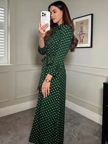 SHEIN Clasi 女款波點長袖休閒襯衫洋裝 - 墨綠色 - 查看 10