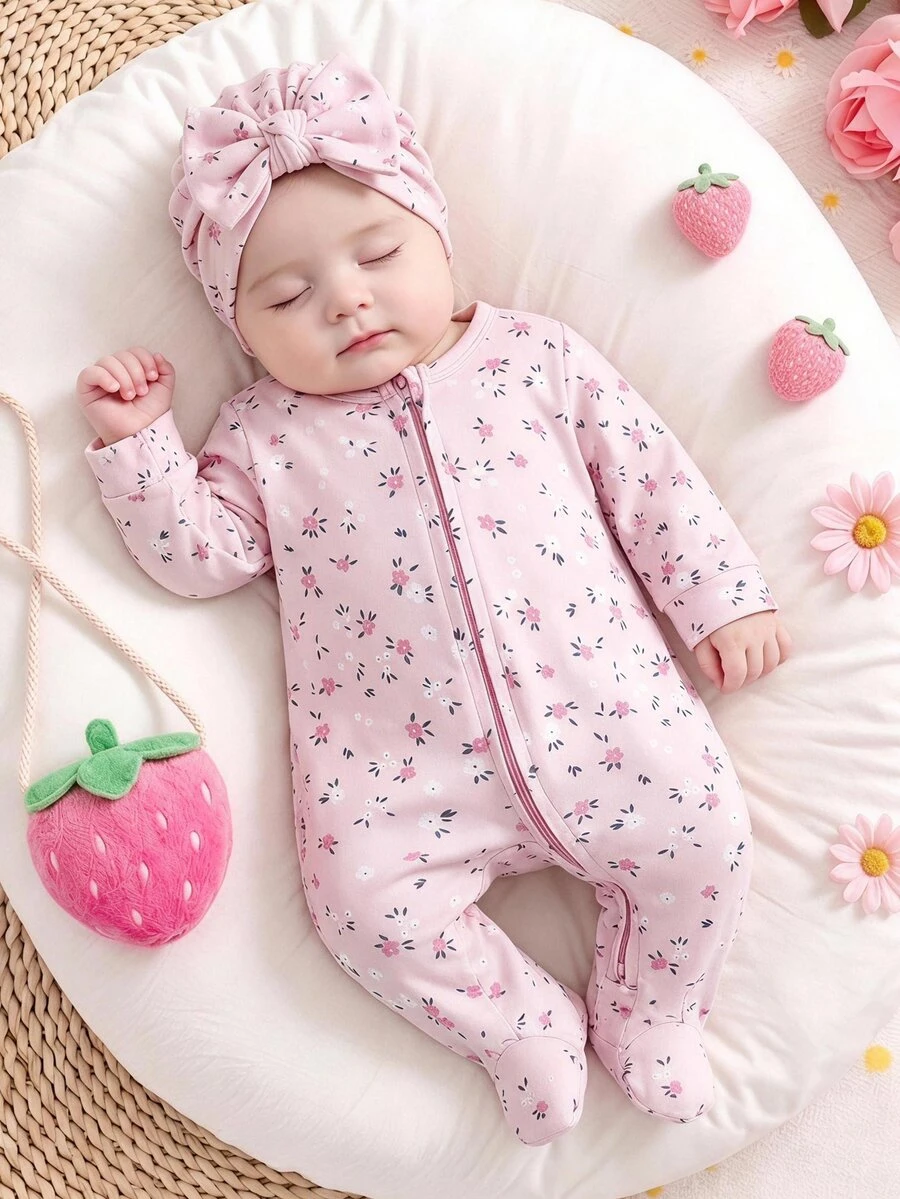 Cozy Pixies 女嬰花卉圖案針織柔軟圓領長袖連身褲 - 淺粉色 - 查看 1