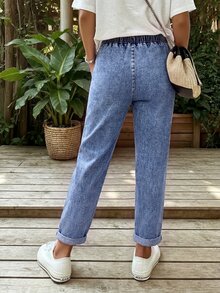 Balvessa Fall Casual Vintage Straight Leg Stretchy Drawstring Cuffed Blue Denim Daily Wear Jeans For Women - Light Wash - View 2