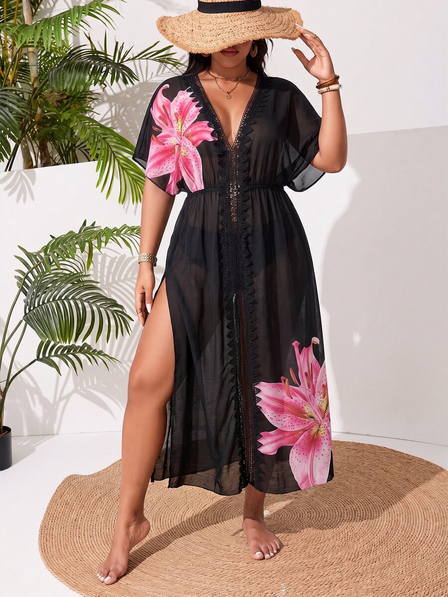 Swim Vcay Plus Size Women's One Piece Side Slit Lace Patchwork Sexy Casual Vacation Beach Dress - Black - View 1